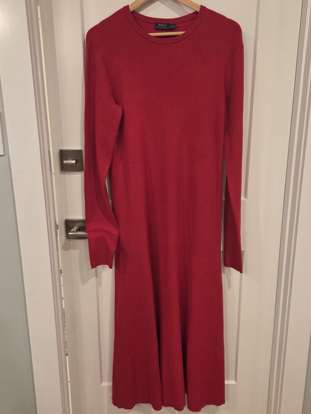 Polo Ralph Lauren Red Ribbed Knit Maxi Dress XL Stretch Flare Minimalist
